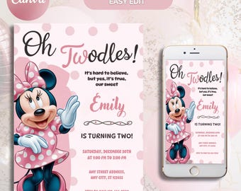Könnte beinhalten: Eine rosa und weiße druckbare Geburtstagseinladung mit einem Cartoon-Bild von Minnie Mouse. Die Einladung lautet "Oh Twodles! Es ist schwer zu glauben, aber ja, es ist wahr, unsere süße Emily wird zwei!" und enthält Details zur Party, wie Datum, Uhrzeit und RSVP-Informationen.