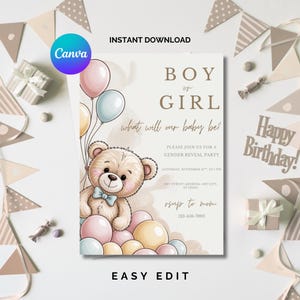 Editable Gender Revel Bear Baby Shower Invitation, Girl Boy We Can Bearly Wait Baby Shower Invite, Pink Blue Boho Bear Shower Shower