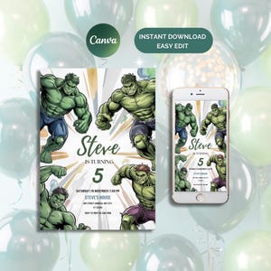 Modelo editável de convite de aniversário do Hulk, convite de aniversário do Hulk em aquarela, cartão de convite para festa, download instantâneo digital, Canva
