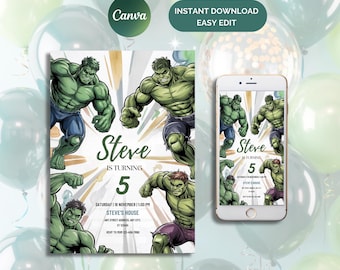 Watercolor Hulk Birthday Invitation: Editable Canva Template (Digital Download)
