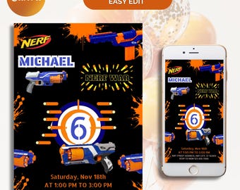 Kids Editable Nerf Birthday Invitation Template, Printable Birthday Nerf Party Invitations, Digital Kids Party Invite Template