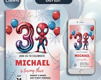 Spidey 3rd Birthday Invitation Template: Superhero Party (Digital File)