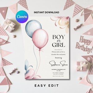 Boy or Girl Gender Reveal Invitation, He or She Gender Reveal Invite, Digital Download Gender Reveal Balloon Invite, Pink Blue Balloon