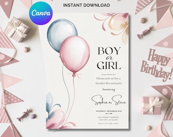 Gender Reveal Invitation: Pink & Blue Balloons (Digital Download Canva Template 5x7" + Thank You Card)