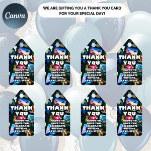 May include: Eight colourful thank you tags with a video game theme. The tags feature a collage of images with a black background and the text "Thank You" in white. The text below reads "Happy to have you celebrate with me. Love, Steve."