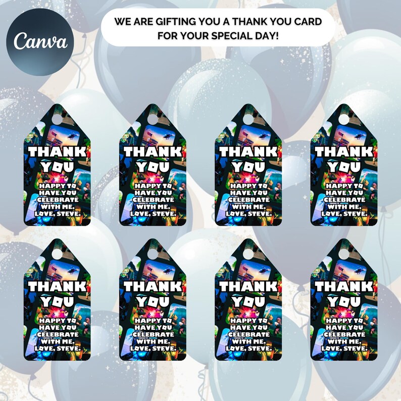 May include: Eight colourful thank you tags with a video game theme. The tags feature a collage of images with a black background and the text "Thank You" in white. The text below reads "Happy to have you celebrate with me. Love, Steve."