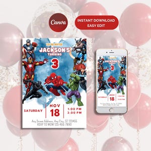 Puede incluir: Una invitación azul y blanca para una fiesta de cumpleaños con temática de superhéroes. La invitación presenta un fondo de acuarela con imágenes de Spiderman, Iron Man, Capitán América, Hulk y Black Widow. El texto de la invitación dice "You're Invited Jackson's Turning 3" e incluye la fecha, la hora y la información de RSVP.
