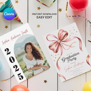 Pink Bow Graduation Photo Invitation: Watercolor Coquette Party (Canva Template Digital Download)