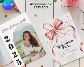 Pink Bow Graduation Photo Invitation: Watercolor Coquette Party (Canva Template Digital Download)