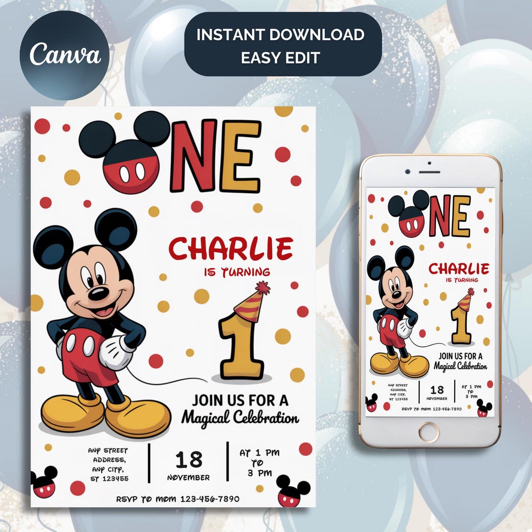 Mickey Mouse Birthday Invitation Template: Editable Canva Evite (5x7 ...