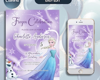 Frozen Birthday Invitation, Elsa Winter Party Editable Canva Template