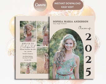 Può includere: Un annuncio di laurea con una foto di una giovane donna con un vestito floreale. L'annuncio è beige con un arco marrone e il testo "Class of 2025" in nero. Sono inclusi anche i testi "Sophia Maria Anderson" e "Any High School".