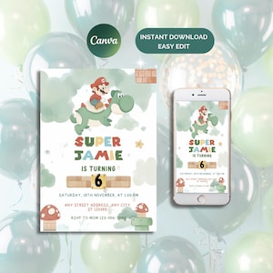 Verjaardagsuitnodiging Super Mario en Yoshi, digitale download met gratis bedankkaart, Mario-uitnodiging aanpasbare canvassjabloon, digitaal