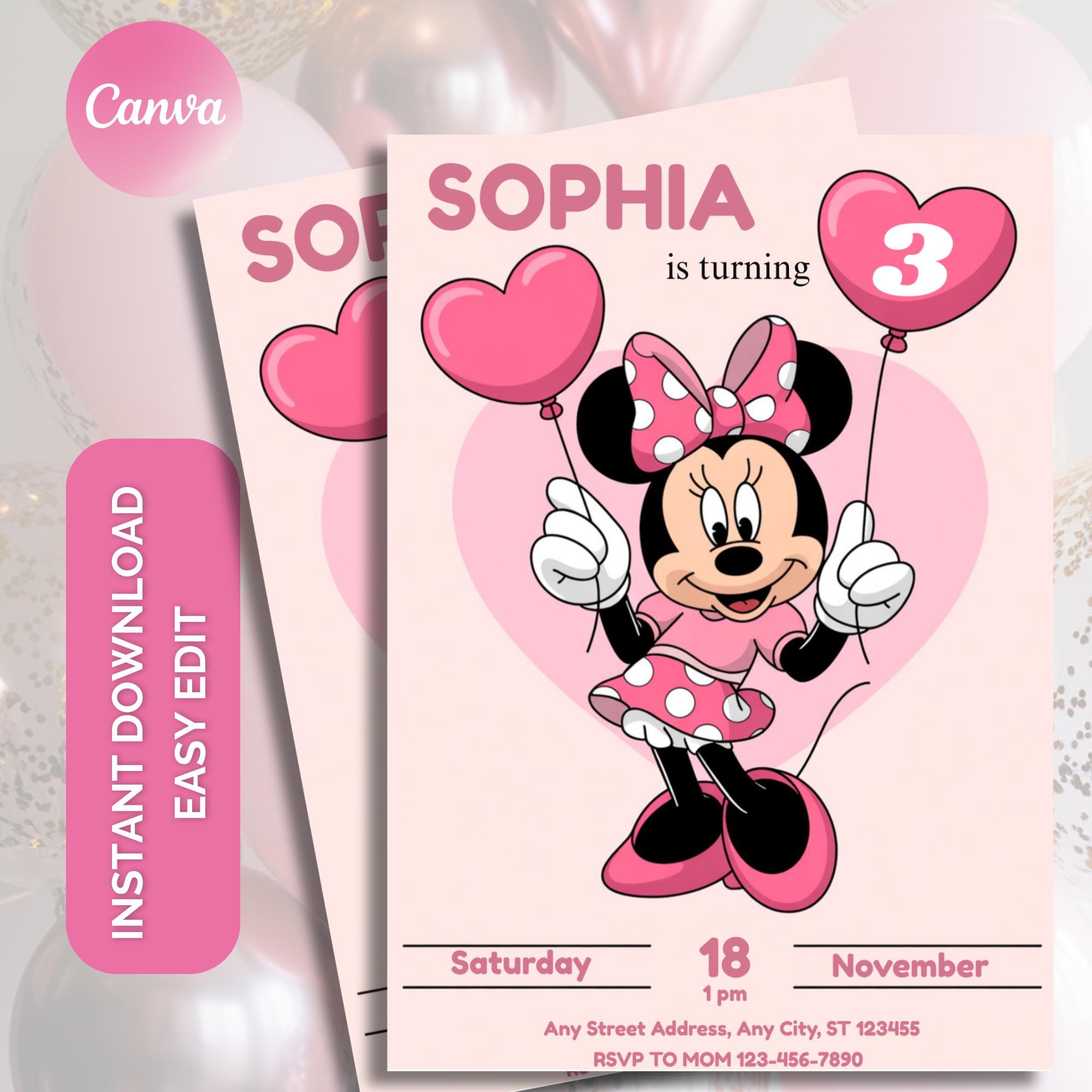Pink Minnie Mouse Birthday Invitation: Editable Canva Template (digital ...