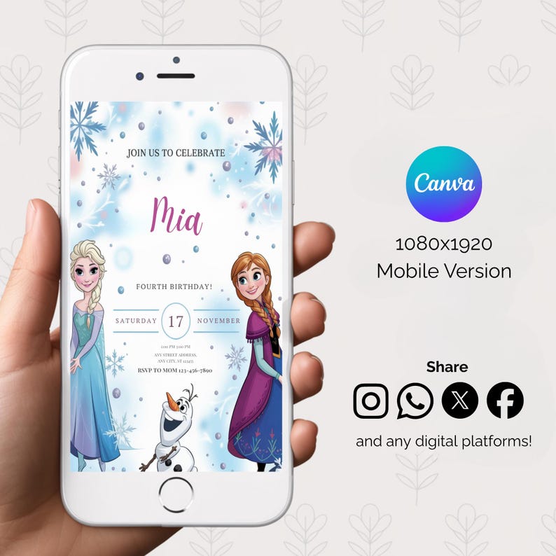May include: A mobile phone displays a digital invitation for Mia's fourth birthday. The design features illustrations of Elsa, Anna, and Olaf from Frozen, with a blue and purple color scheme. The invitation includes the date, time, and RSVP information.