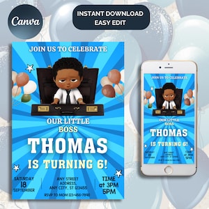 Op de afbeelding: Een digitale uitnodiging met een cartoon baas karakter, ballonnen en de tekst "Doe mee met vieren" en "Thomas wordt 6!" Het ontwerp is blauw met witte tekst en ster accenten. Een smartphone toont dezelfde uitnodiging.