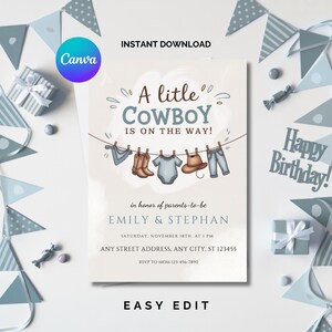 Cowboy Baby Shower Invitation Template, A little Cowboy Is On The Way Invite, Cowboy Clothesline Baby Shower, Dusty Blue Wild Western