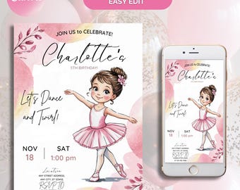 May include: A pink and white printable invitation for a 5th birthday party. The invitation features a cartoon ballerina girl with brown hair and a pink tutu. The text on the invitation reads "Join us to celebrate! Charlotte's 5th Birthday! Let's Dance and Twirl!"  The invitation also includes the date and time of the party, as well as the location and RSVP information.