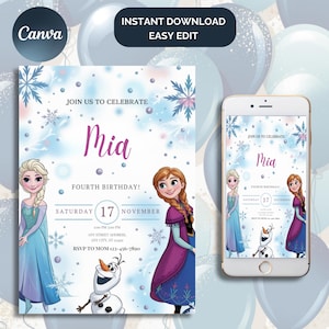 Op de afbeelding: Een digitale uitnodiging voor een vierde verjaardag met de personages Elsa en Anna uit de film Frozen. De uitnodiging is lichtblauw met sneeuwvlokken en de naam "Mia" in paars. De datum is 17 november.