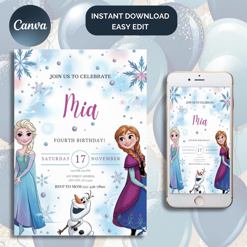May include: A digital invitation for a fourth birthday party featuring the characters Elsa and Anna from the movie Frozen. The invitation is light blue with snowflakes and the name "Mia" in purple. The date is November 17th.