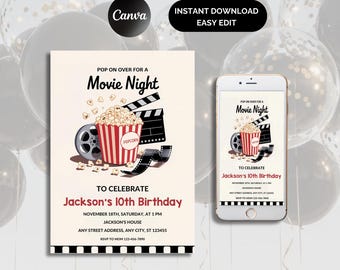 Editable Movie Night Birthday Invitation: Canva Template (Instant Download)
