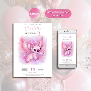 Convite de anjo com ponto de costura, convite de aniversário com ponto de costura, convite de anjo para festa em aquarela, convite editável com ponto de costura, modelo editável Canva
