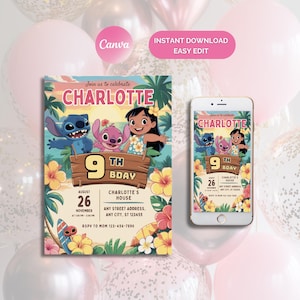Faire-part d'anniversaire modifiable imprimable personnalisé, invitation d'anniversaire Lilo and Stitch, modèle d'invitation de fête Stitch, toile d'anniversaire fille Stitch