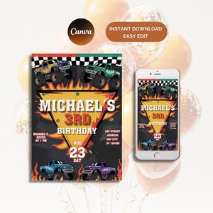 Monster Jam Birthday Invitation, Monster Jam Party, Boom Crash, Monster Truck Bash, Printable Invitation, Canva Editable Template