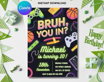 Neon Birthday Invitation Template: Editable Party Card (Digital Download)
