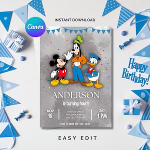 Editable Mickey Mouse Birthday Invite, Boys & Girls Birthday Evite, Mickey And Friends, Digital Birthday Invitation, Canva Birthday Party