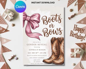 Modelo de convite para revelação do sexo do bebê com botas ou laços, convite para revelação do sexo do bebê com tema Western azul ou rosa, convite para revelação do sexo do bebê com tema Western azul ou rosa