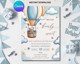 Plantilla de invitación para baby shower de We Can Bearly Wait, invitación para baby shower de We Can Bearly Wait, osito de peluche azul, baby shower de osito de peluche