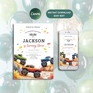 Monster Truck Birthday Invitation, Editable Canva Template, Boys 2nd Birthday Invite, Monster Jam Party, Watercolor Trucks Theme