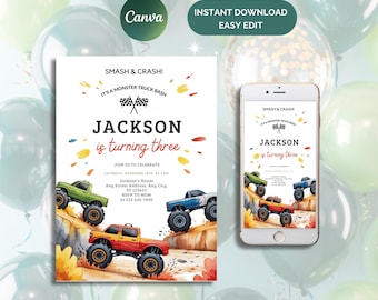 Monster Truck Birthday Invitation: Watercolor Trucks, Editable Canva Template (Digital Download)