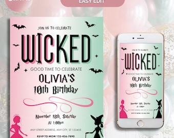 Editable Wicked Birthday Invitation: Pink & Green Movie Ticket (Digital)