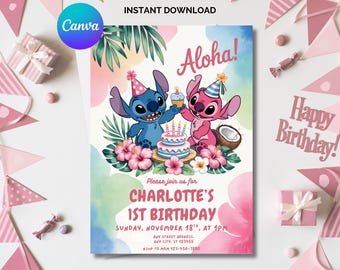 Stitch Birthday Invitation: Lilo and Stitch, Aloha Theme (Canva Template)