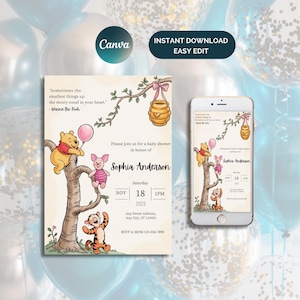Editable Winnie the Pooh Baby Shower Invitation, Digital Invitation Oh Boy, Winnie The Pooh Invitation, Pooh Printable Template, Pooh Baby