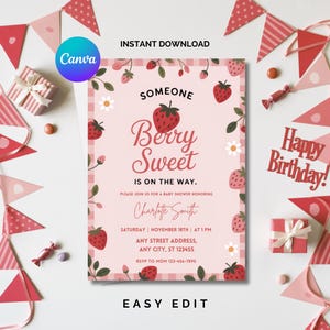 Strawberry Baby Shower Invitation Template, Berry Sweet Baby on the Way Invite, Berry Sweet Invitation, Printable Invite, Shower Evite
