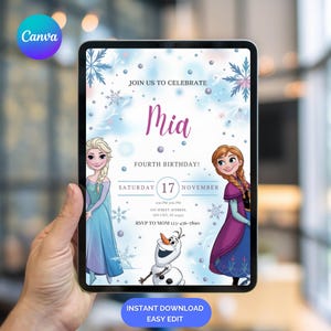 May include: A digital invitation for Mia's fourth birthday, featuring Elsa, Anna, and Olaf from Frozen. The invitation includes the text "Join us to Celebrate Mia", date, time, and RSVP information. The design has a blue and purple color scheme with snowflake accents.