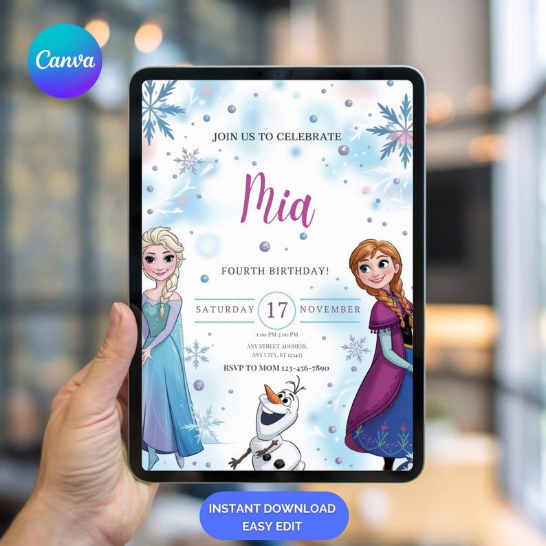 May include: A digital invitation for Mia's fourth birthday, featuring Elsa, Anna, and Olaf from Frozen. The invitation includes the text "Join us to Celebrate Mia", date, time, and RSVP information. The design has a blue and purple color scheme with snowflake accents.
