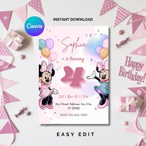 Minnie Mouse Birthday invitations, Minnie Mouse Birthday, 1st Birthday, Watercolor Pink Birthday Invite, Girls Invitations, Canva Editable