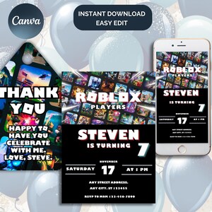 May include: A black and red birthday invitation with a Roblox theme. The invitation features a collage of Roblox game screenshots and the text "Roblox Players". The invitation is for Steven's 7th birthday party on 17th November at 1 PM. The invitation includes the text "RSVP to Mum 123-456-7890".