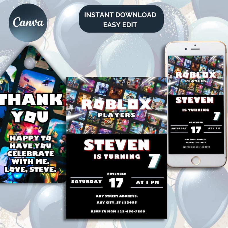 May include: A black and red birthday invitation with a Roblox theme. The invitation features a collage of Roblox game screenshots and the text "Roblox Players". The invitation is for Steven's 7th birthday party on 17th November at 1 PM. The invitation includes the text "RSVP to Mum 123-456-7890".
