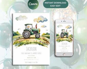 May include: A watercolor-style birthday invitation featuring a green tractor with a driver, set against a field and sky. The invitation includes the name "Jackson", event details, and the text "Instant Download Easy Edit". A matching phone display is also shown.
