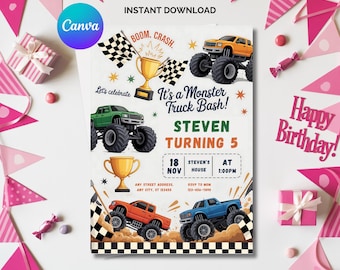 Monster Truck Birthday Invitation: Editable Canva Template (Instant Download)