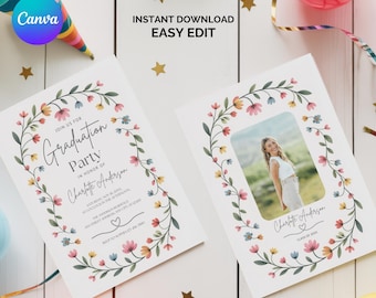 Invitación de graduación con flores silvestres: moderna invitación con foto floral (plantilla de Canva, descarga digital)