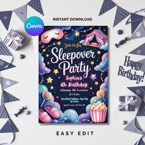 Sleepover Birthday Invitation, Slumber Party Birthday Invite, Pajama Party, Neon Sleepover Invitation, Canva Template