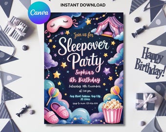 Neon Sleepover Birthday Invitation: Pajama Party Canva Template