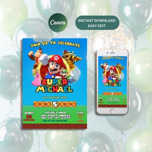 Editable Mario Bros Invitation, Super Mario Birthday Invitation, Printable Birthday Party Invitations, Digital Bday Party Invite Template