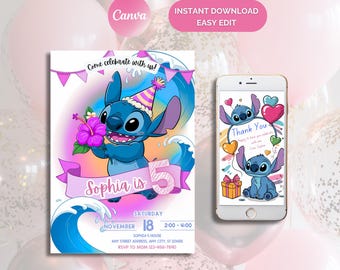 Stitch Birthday Invitation: Kids Party Evite, Canva Template (Digital)